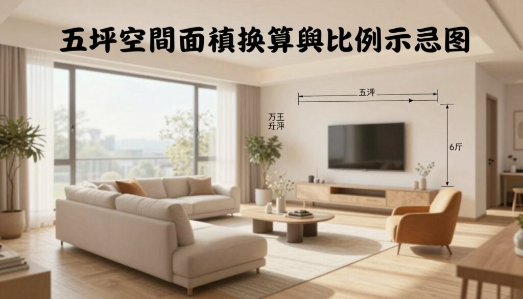 五坪空間面積換算與比例示意圖